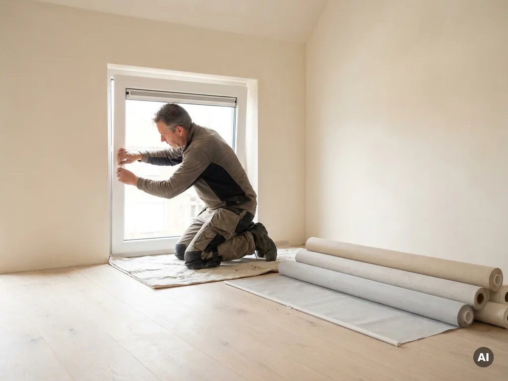 Installateur plaatst wit uPVC kozijn in vers gepleisterde muuropening, met linnen rolgordijnen op houten vloer en natuurlijk daglicht.