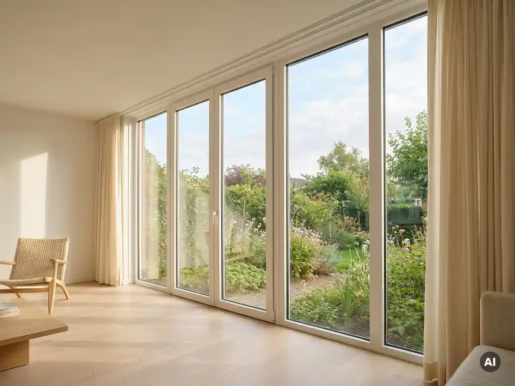 Wit PVC raamkozijn van vloer tot plafond in moderne Nederlandse woonkamer met uitzicht op groene tuin.