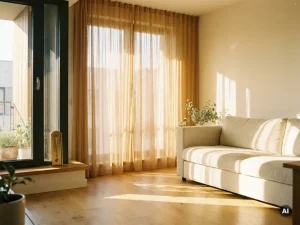 Grote raamwand met doorzichtige gordijnen die gouden zomerlicht verspreiden over een lichte eiken vloer in een moderne woonkamer.