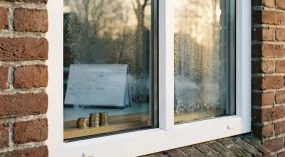 Drievoudig beglaasde kunststof kozijn in Nederlandse bakstenen gevel, met berijpt glas in warm winterlicht en euromuntjes op de vensterbank.
